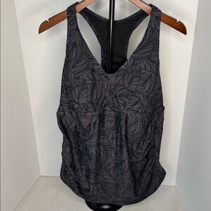 Kona Sol Black Leaf Pattern Swim Top